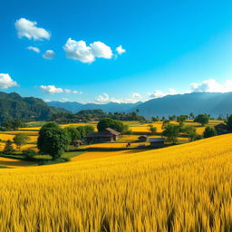 A scenic view of a village with golden rice fields