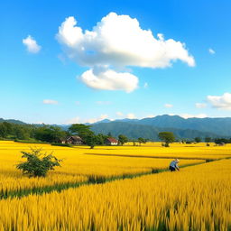 A scenic view of a village with golden rice fields