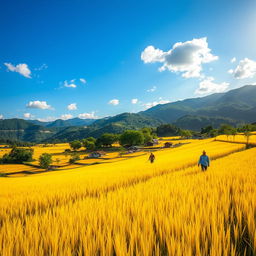 A scenic view of a village with golden rice fields