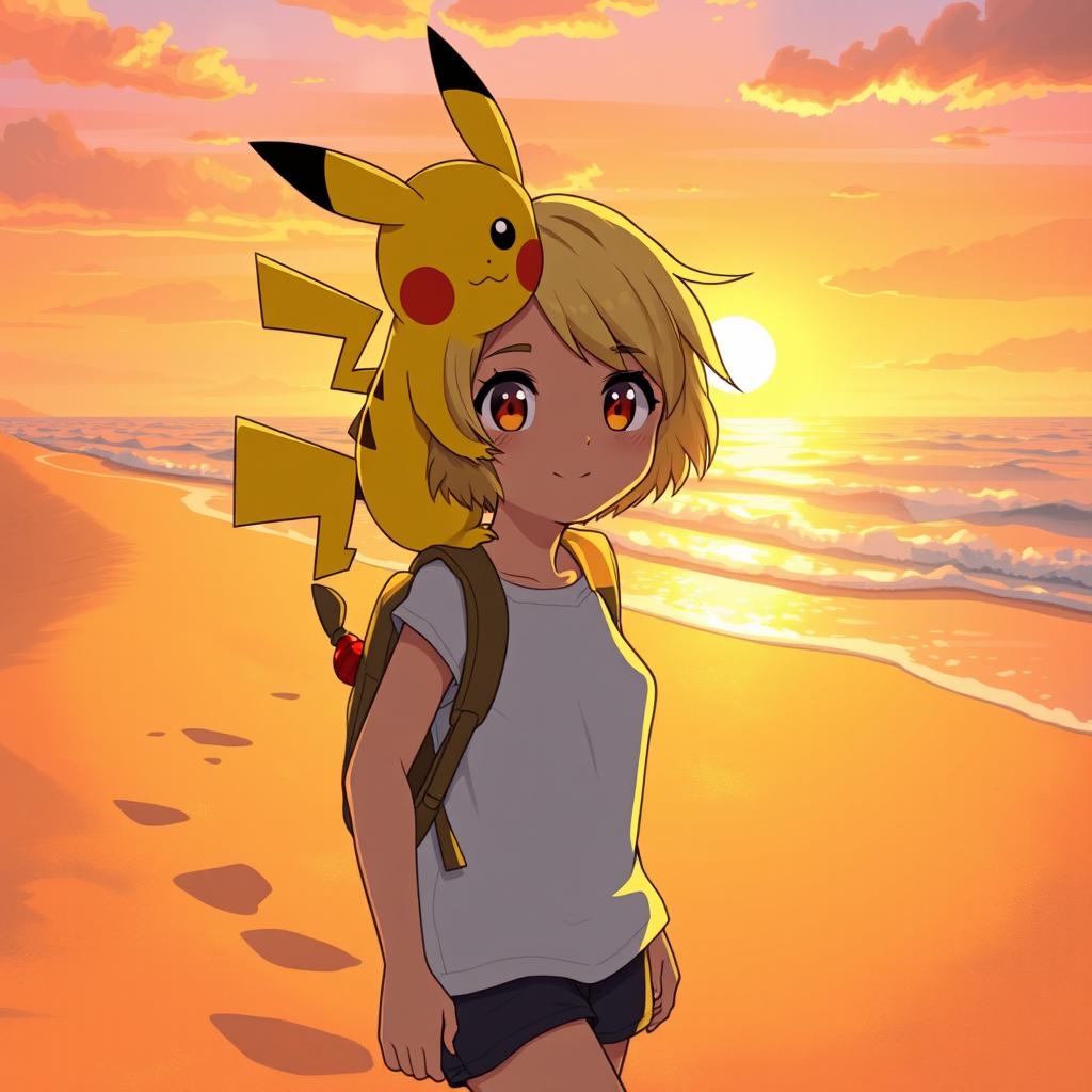 In a vibrant Pokémon-style art, a girl with short blond hair and sparkling hazel eyes walks along a sandy beach at sunset