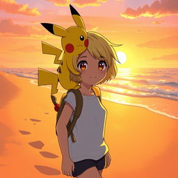 In a vibrant Pokémon-style art, a girl with short blond hair and sparkling hazel eyes walks along a sandy beach at sunset