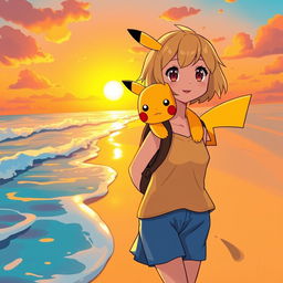 In a vibrant Pokémon-style art, a girl with short blond hair and sparkling hazel eyes walks along a sandy beach at sunset