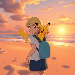 In a vibrant Pokémon-style art, a girl with short blond hair and sparkling hazel eyes walks along a sandy beach at sunset