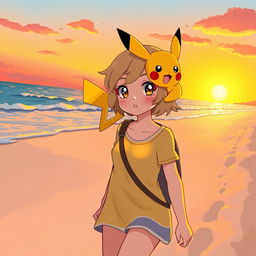 In a vibrant Pokémon-style art, a girl with short blond hair and sparkling hazel eyes walks along a sandy beach at sunset