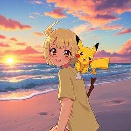 In a Pokémon-style artistic depiction, a girl with short blond hair and cute bangs, complemented by her hazel eyes, is joyfully playing on the sandy beach at sunset