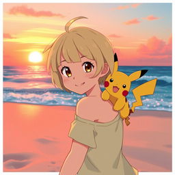 In a Pokémon-style artistic depiction, a girl with short blond hair and cute bangs, complemented by her hazel eyes, is joyfully playing on the sandy beach at sunset