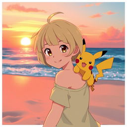 In a Pokémon-style artistic depiction, a girl with short blond hair and cute bangs, complemented by her hazel eyes, is joyfully playing on the sandy beach at sunset