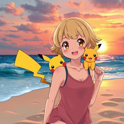 In a Pokémon-style artistic depiction, a girl with short blond hair and cute bangs, complemented by her hazel eyes, is joyfully playing on the sandy beach at sunset