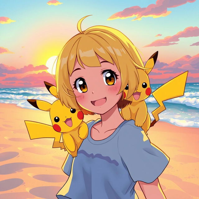 In a Pokémon-style artistic depiction, a girl with short blond hair and cute bangs, complemented by her hazel eyes, is joyfully playing on the sandy beach at sunset