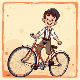 A retro-style cartoon illustration of a young man pedaling on an old Gazelle bicycle