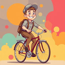 A retro-style cartoon illustration of a young man pedaling on an old Gazelle bicycle