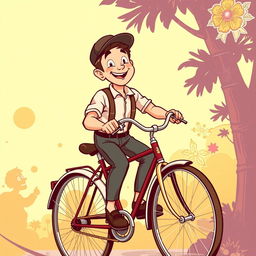 A retro-style cartoon illustration of a young man pedaling on an old Gazelle bicycle