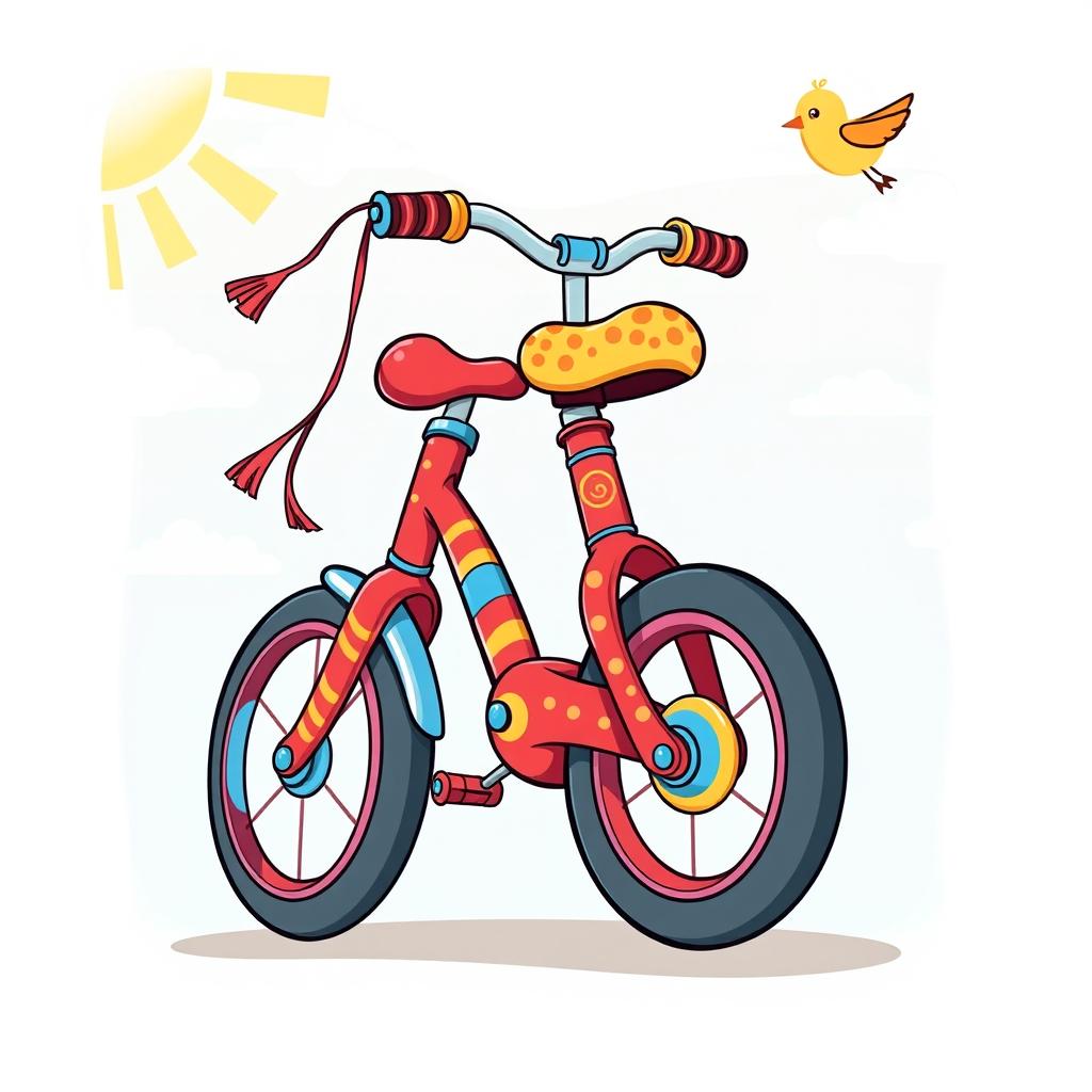 A whimsical cartoon-style depiction of a colorful pedal bike with exaggerated features, such as oversized wheels and a playful, curvy frame