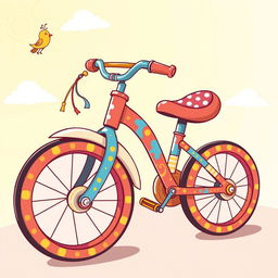 A whimsical cartoon-style depiction of a colorful pedal bike with exaggerated features, such as oversized wheels and a playful, curvy frame