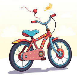 A whimsical cartoon-style depiction of a colorful pedal bike with exaggerated features, such as oversized wheels and a playful, curvy frame