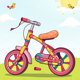 A whimsical cartoon-style depiction of a colorful pedal bike with exaggerated features, such as oversized wheels and a playful, curvy frame