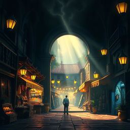 Dark and mysterious background of a portal in the commercial zone 1 of Guatemala, animated in a Disney style