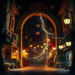 Dark and mysterious background of a portal in the commercial zone 1 of Guatemala, animated in a Disney style