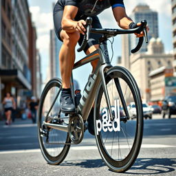 A cyclist pedaling a bicycle with a custom pedal design featuring the text "mancal pedal" prominently displayed