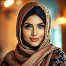 A beautiful woman wearing a stylish hijab, exuding confidence and a chic, elegant sense of sensuality