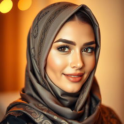 A beautiful woman wearing a stylish hijab, exuding confidence and a chic, elegant sense of sensuality