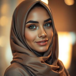 A beautiful woman wearing a stylish hijab, exuding confidence and a chic, elegant sense of sensuality