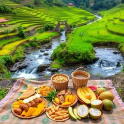 A picturesque picnic scene set in the lush landscapes of Bali