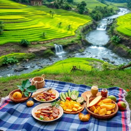 A picturesque picnic scene set in the lush landscapes of Bali