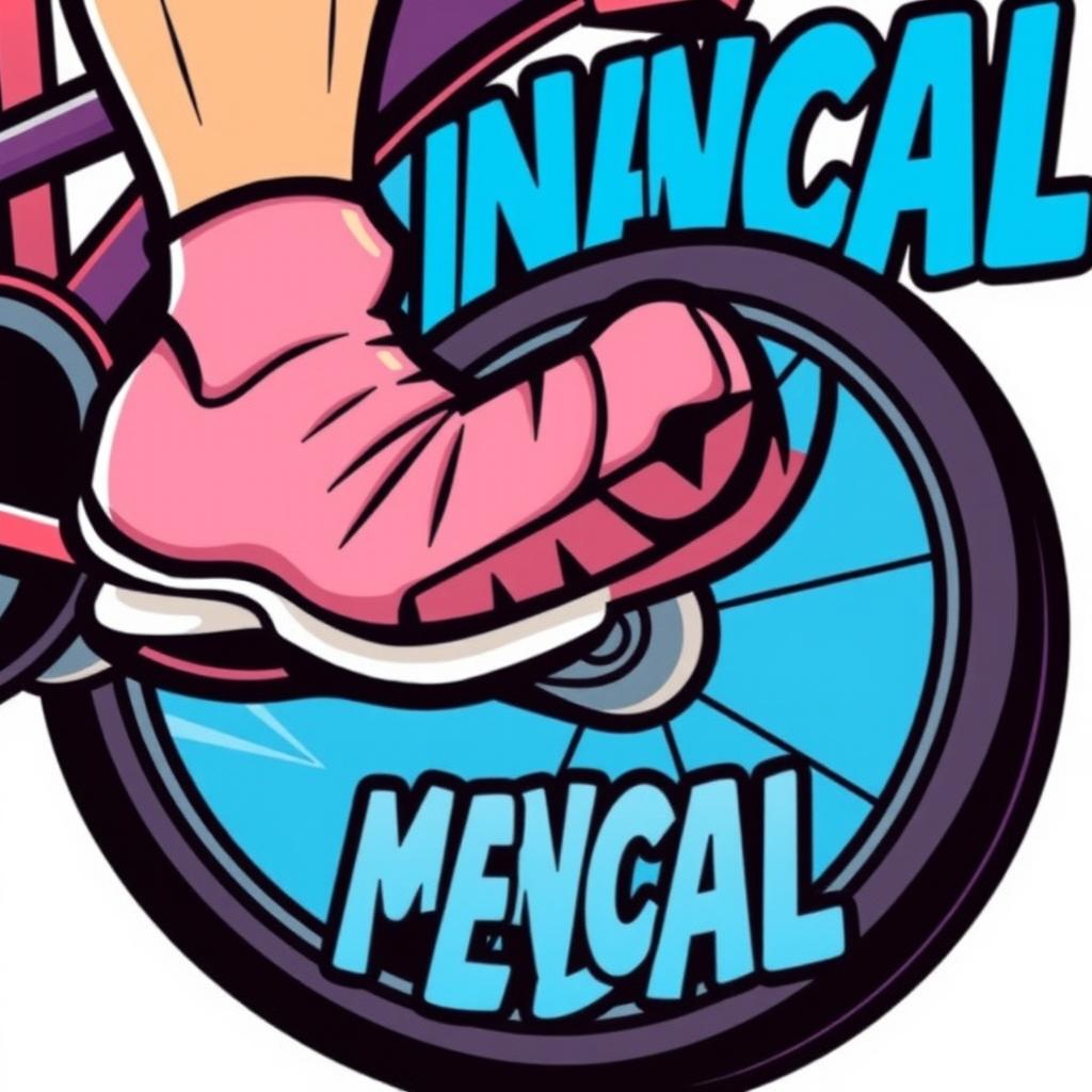 A vibrant and dynamic cartoon image of a foot stepping on a bicycle pedal, showcasing the action and movement in a lively and energetic way