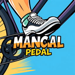 A vibrant and dynamic cartoon image of a foot stepping on a bicycle pedal, showcasing the action and movement in a lively and energetic way