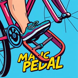 A vibrant and dynamic cartoon image of a foot stepping on a bicycle pedal, showcasing the action and movement in a lively and energetic way