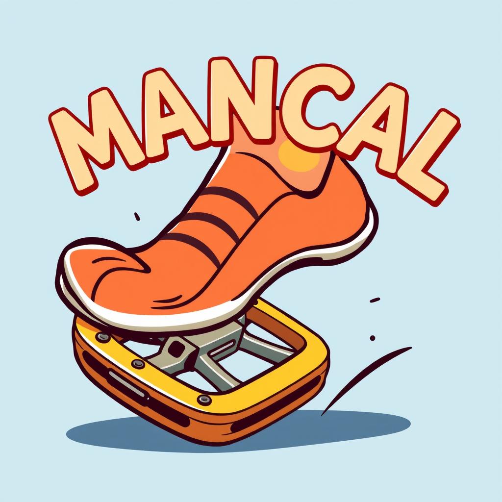 A cartoon illustration of a foot, stylishly depicted in a vibrant and dynamic manner, stepping on a bicycle pedal