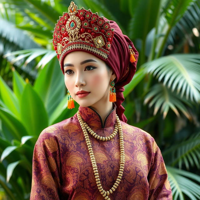 an exquisite and stylish traditional Indonesian baju, adorned with intricate batik patterns, vivid colors like deep maroon and gold, and a matching headdress featuring detailed embroidery and vibrant beads