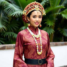 an exquisite and stylish traditional Indonesian baju, adorned with intricate batik patterns, vivid colors like deep maroon and gold, and a matching headdress featuring detailed embroidery and vibrant beads