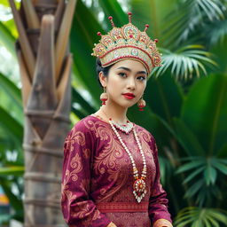 an exquisite and stylish traditional Indonesian baju, adorned with intricate batik patterns, vivid colors like deep maroon and gold, and a matching headdress featuring detailed embroidery and vibrant beads