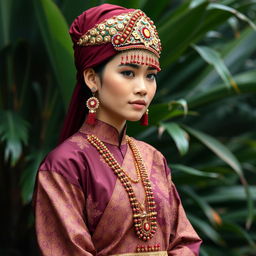 an exquisite and stylish traditional Indonesian baju, adorned with intricate batik patterns, vivid colors like deep maroon and gold, and a matching headdress featuring detailed embroidery and vibrant beads