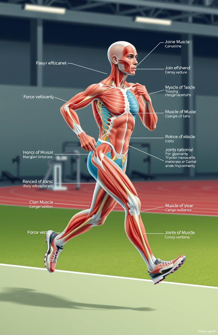A detailed illustration of biomechanics in physical education and sports, showcasing an athlete running with visible muscle structure, joint movement, and force vectors
