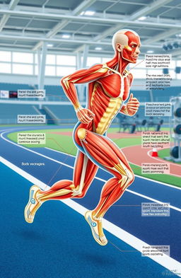 A detailed illustration of biomechanics in physical education and sports, showcasing an athlete running with visible muscle structure, joint movement, and force vectors