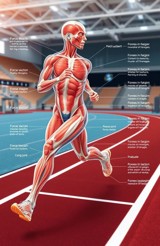 A detailed illustration of biomechanics in physical education and sports, showcasing an athlete running with visible muscle structure, joint movement, and force vectors