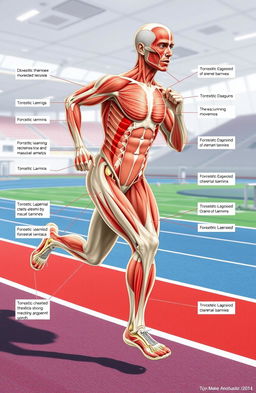 A detailed illustration of biomechanics in physical education and sports, showcasing an athlete running with visible muscle structure, joint movement, and force vectors