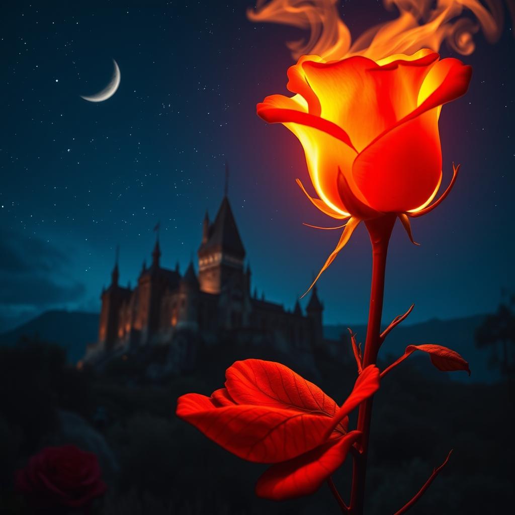 A mesmerizing scene featuring a burning rose in the foreground, its fiery petals ablaze with vibrant orange and red hues, casting a warm glow