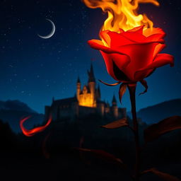 A mesmerizing scene featuring a burning rose in the foreground, its fiery petals ablaze with vibrant orange and red hues, casting a warm glow