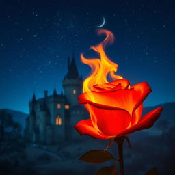 A mesmerizing scene featuring a burning rose in the foreground, its fiery petals ablaze with vibrant orange and red hues, casting a warm glow