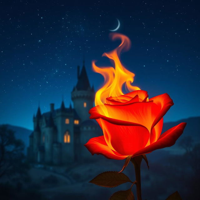 A mesmerizing scene featuring a burning rose in the foreground, its fiery petals ablaze with vibrant orange and red hues, casting a warm glow