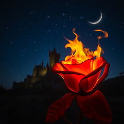 A mesmerizing scene featuring a burning rose in the foreground, its fiery petals ablaze with vibrant orange and red hues, casting a warm glow