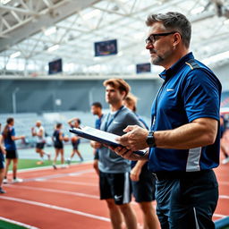 A dynamic scene of a sports management professional in a modern sports facility, overseeing various athletic activities