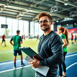 A dynamic scene of a sports management professional in a modern sports facility, overseeing various athletic activities