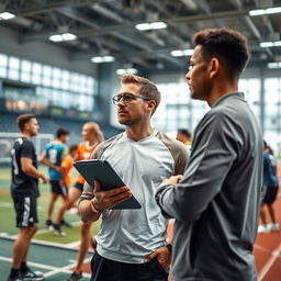 A dynamic scene of a sports management professional in a modern sports facility, overseeing various athletic activities