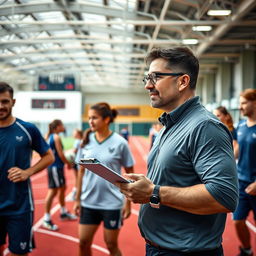 A dynamic scene of a sports management professional in a modern sports facility, overseeing various athletic activities