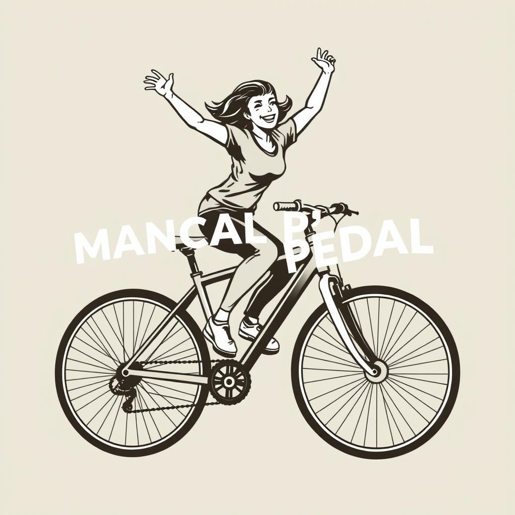 Person energetically riding a pedal bicycle, with the phrase 'MANCAL PEDAL' artistically integrated into the design